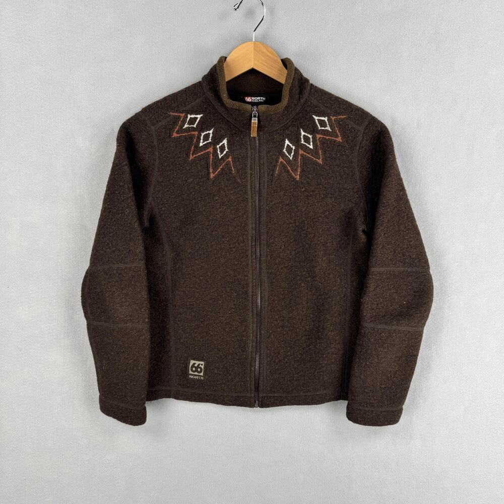 66 North Jacket Womens Large Brown Virgin Wool Full Zip Mock Neck Iceland